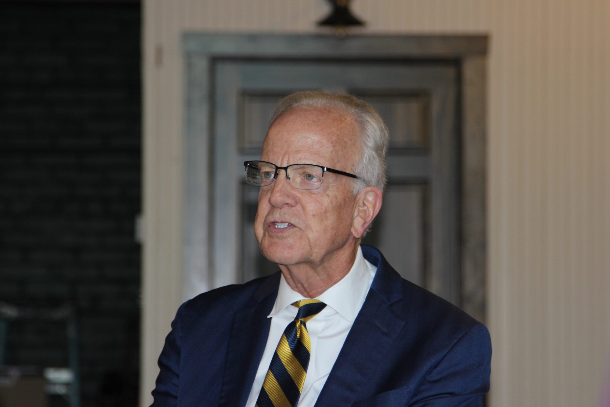 U.S.Sen. Jerry Moran listens to concerns expressed by Dodge City community leaders. (Journal photo by Dave Bergmeier.)