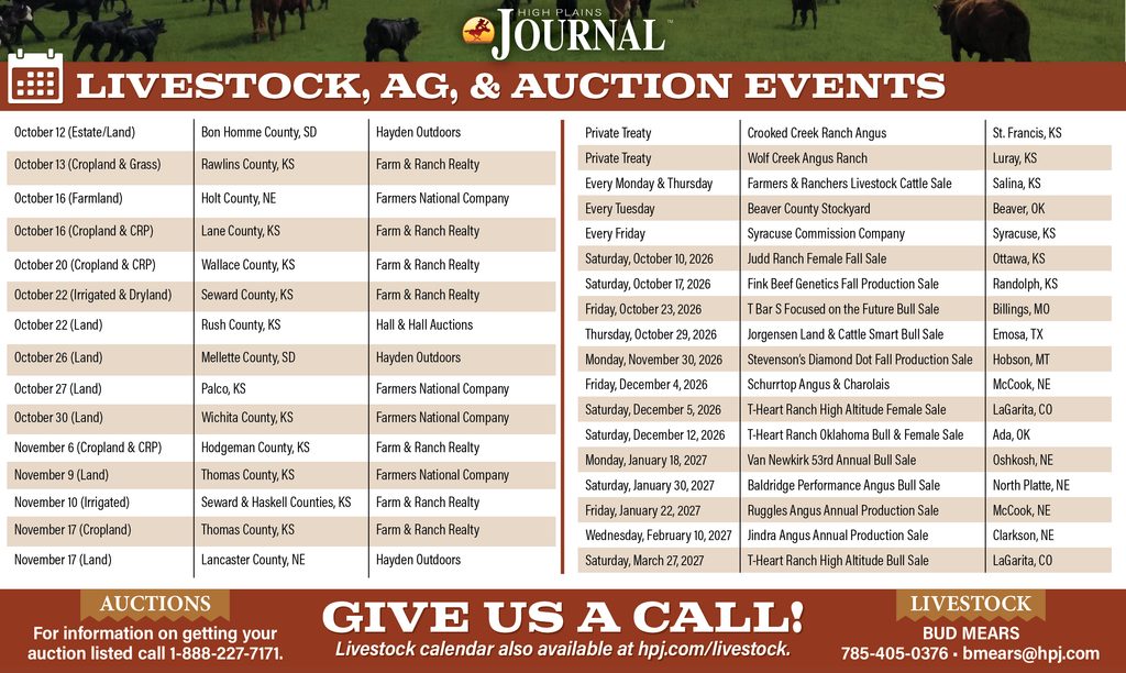 October 2026 livestock auctions and agricultural events calendar featuring cattle sales, land auctions, dates and locations across the High Plains.