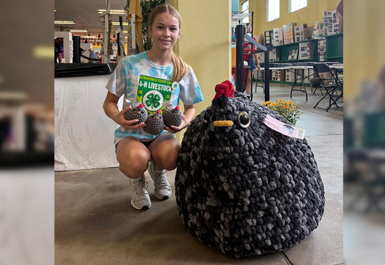 4-H: Lauren from Olmsted County with her crocheted chicken state fair project (University of Minnesota Extension)