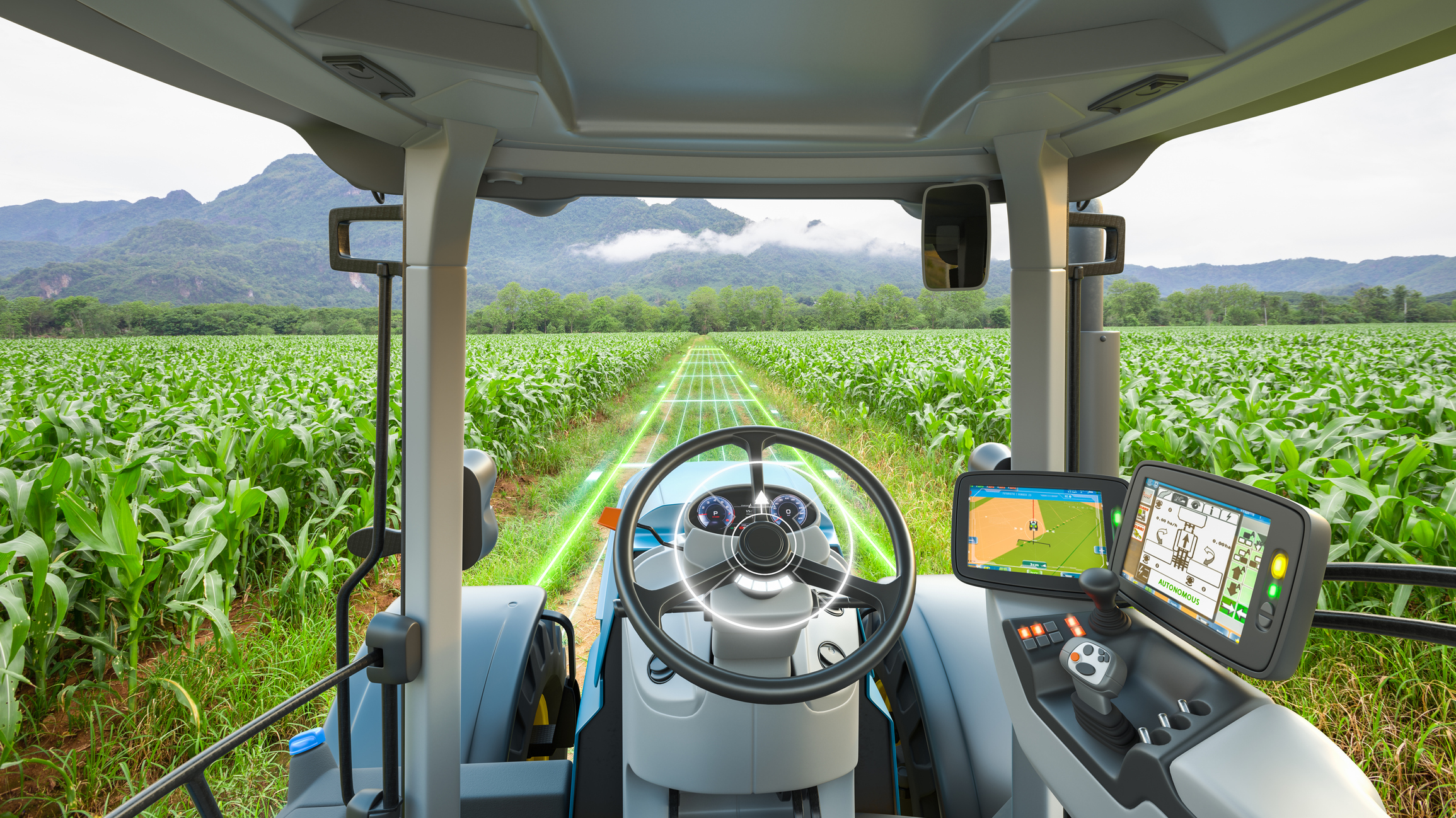 5G autonomous tractor working in corn field, Future technology with smart agriculture farming concept. (Photo courtesy ISTOCK. Credit Kinwun.)